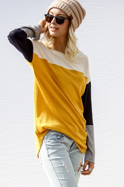 Cashmere Hacci Color Block Shirt with Boat Neck