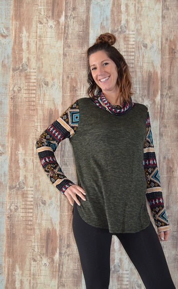 Olive Green Light Sweater with Aztec Sleeves